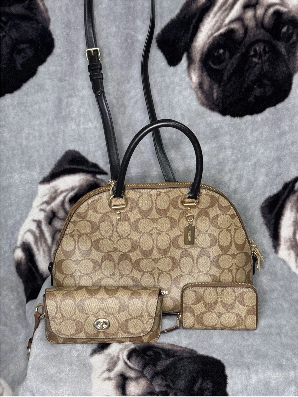 Coach Katy Signature Tan Satchel w/Small Wallet & Attachable Eyeglass Case